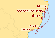 Ver el itinerario del Crucero Santos, Buzios, Maceio, Salvador, Ilheus, Santos