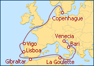 Ver el itinerario del Crucero Tunez, Gibraltar, Portugal, Espa�a, Belgica y Dinamarca