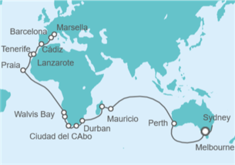 Itinerario del Crucero Tramo de Vuelta al mundo. De Sydney a Marsella - Costa Cruceros