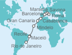 Itinerario del Crucero Tramo de Vuelta al mundo. De Italia a Brasil  - Costa Cruceros