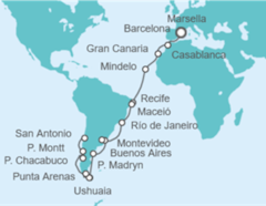 Itinerario del Crucero Tramo de Vuelta al mundo. De Marsella a Santiago de Chile - Costa Cruceros