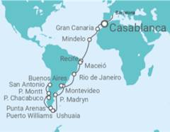 Itinerario del Crucero Tramo de Vuelta al mundo. De Barcelona a Santiago de Chile - Costa Cruceros