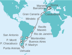 Itinerario del Crucero Tramo de Vuelta al mundo. De Roma a Santiago de Chile - Costa Cruceros