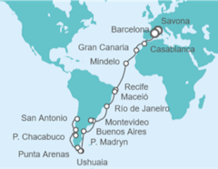 Itinerario del Crucero Tramo de Vuelta al mundo. De Savona a Santiago de Chile - Costa Cruceros