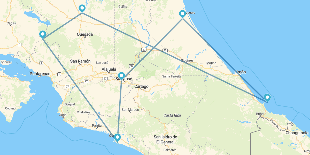 Tortuguero, Caribe, Arenal, Monteverde, Manuel Antonio y noche en San José