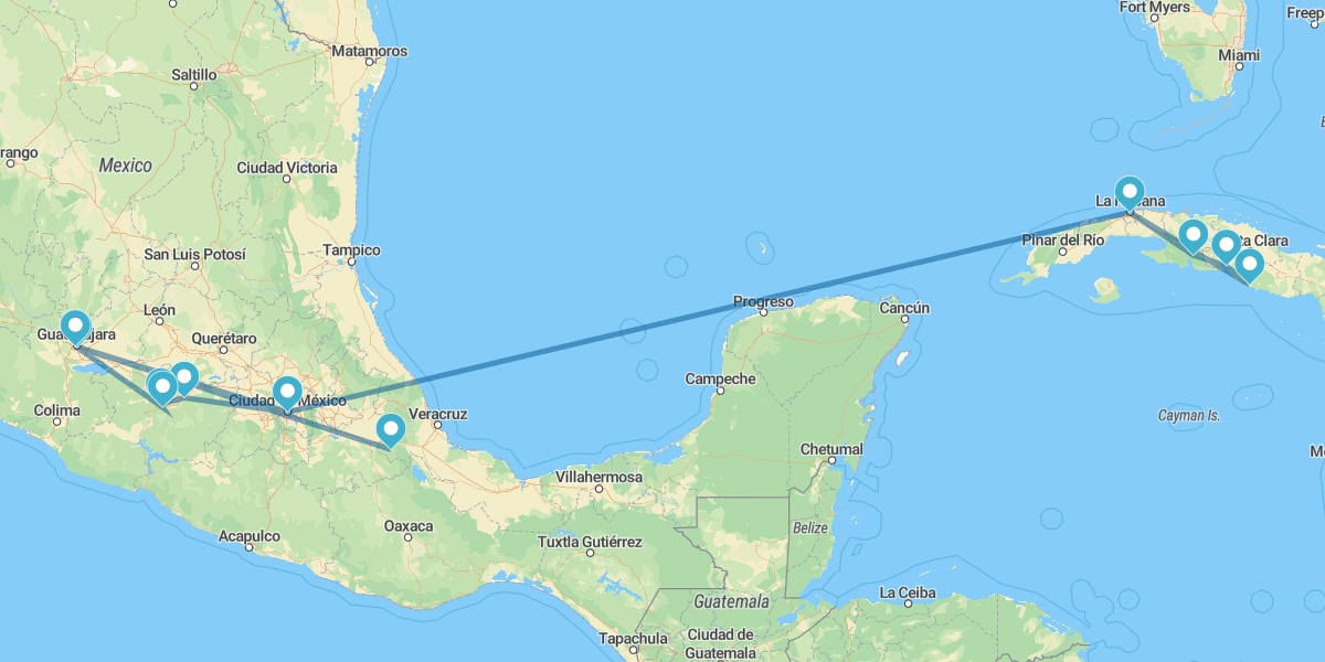 La Habana, Cienfuegos, Trinidad, Ciudad de México, Pátzcuaro y Guadalajara