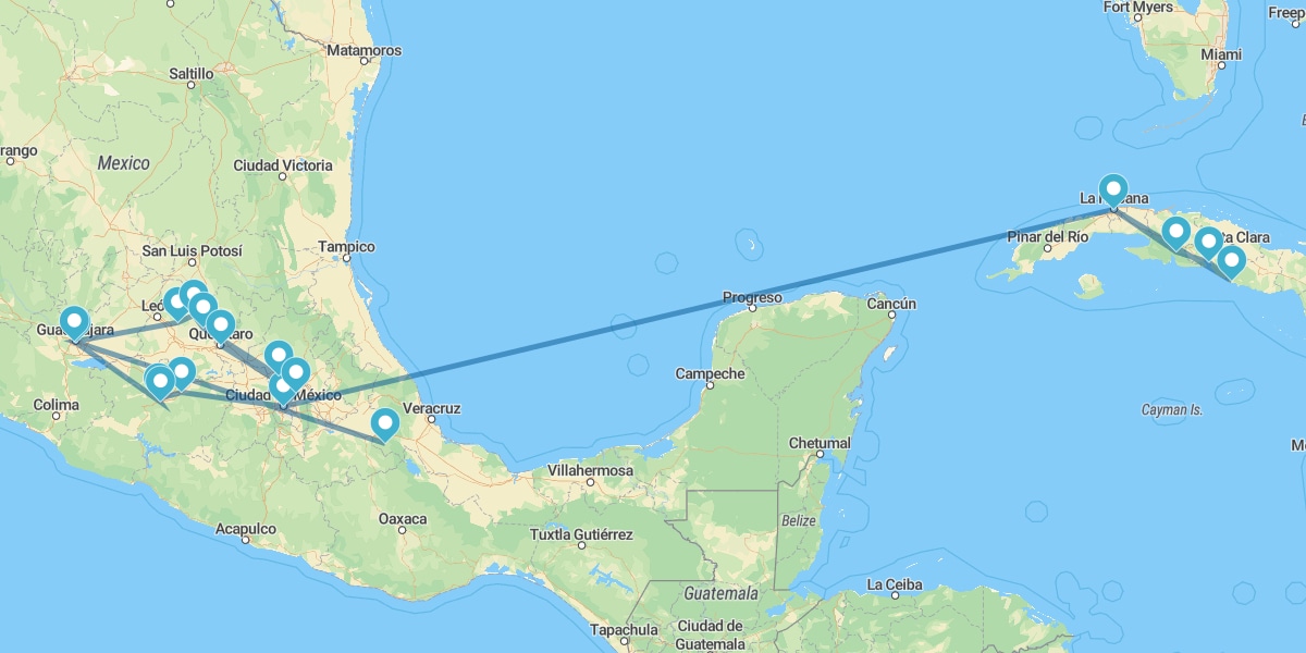 La Habana, Cienfuegos, Trinidad, México D.F., Pátzcuaro, Guadalajara, Guanajuato y Querétaro