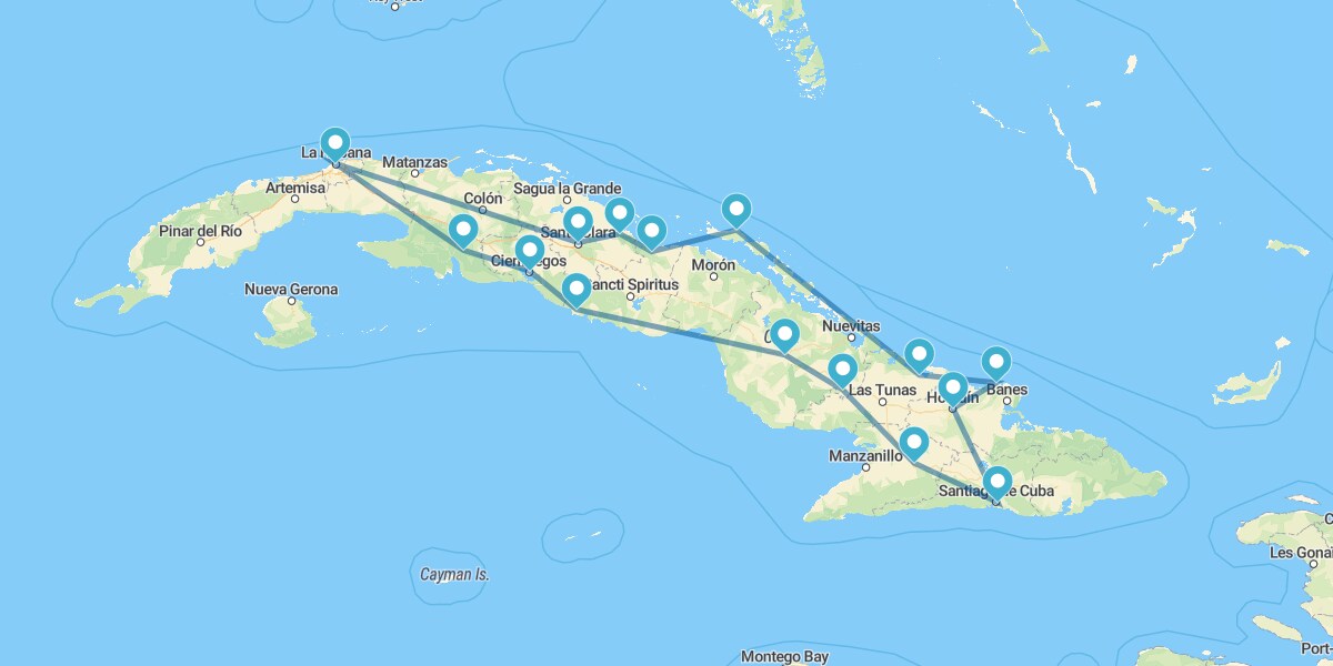 La Habana, Cienfuegos, Trinidad, Camagüey, Santiago de Cuba, Guardalavaca, Cayo Coco y Remedios