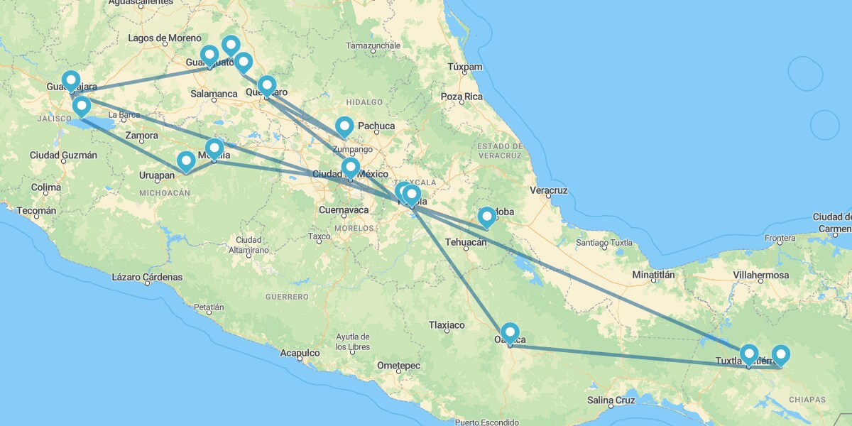 Ciudad de México, Pátzcuaro, Guadalajara, Guanajuato, Querétaro, Oaxaca, Tuxtla Gutierrez y San Cristobal de las Casas