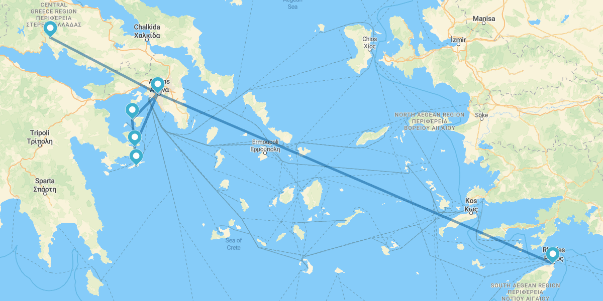 Atenas, Delfos, Crucero por las Islas Sarónicas y Rodas