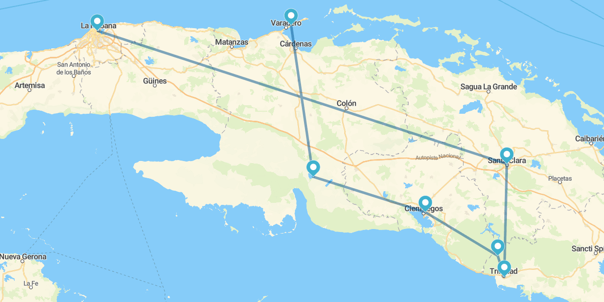 La Habana, Santa Clara, Trinidad, Cienfuegos, Guamá y Varadero