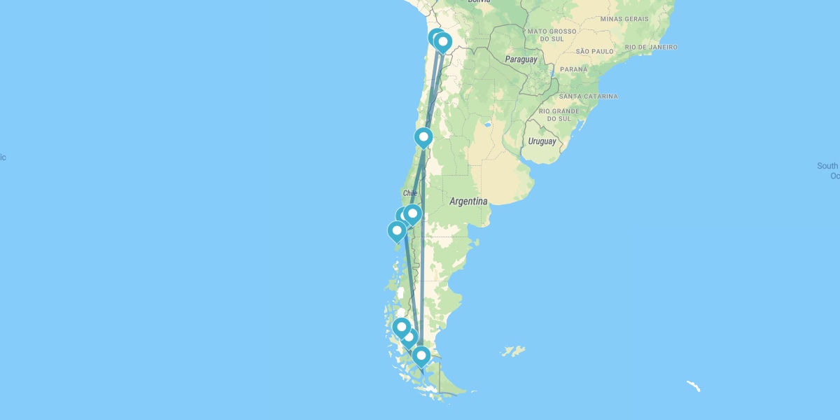 Santiago de Chile, Puerto Varas con Peulla e Isla de Chiloé, Puerto Natales, Torres del Paine y Desierto de Atacama