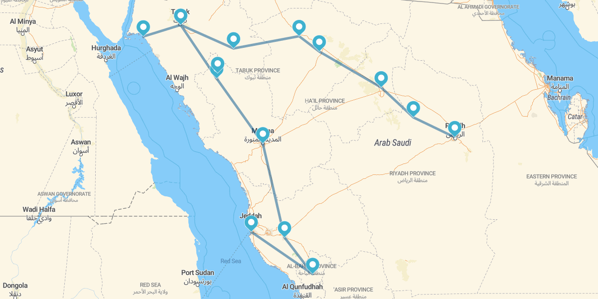 Ruta desde Yeda a Riad con Tabuk, Neom y Valle de Hisma