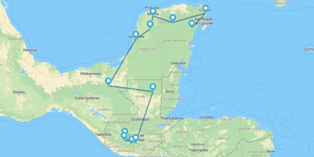 La Antigua, Chichicastenango, Tikal, Palenque, Campeche, Mérida y Riviera Maya