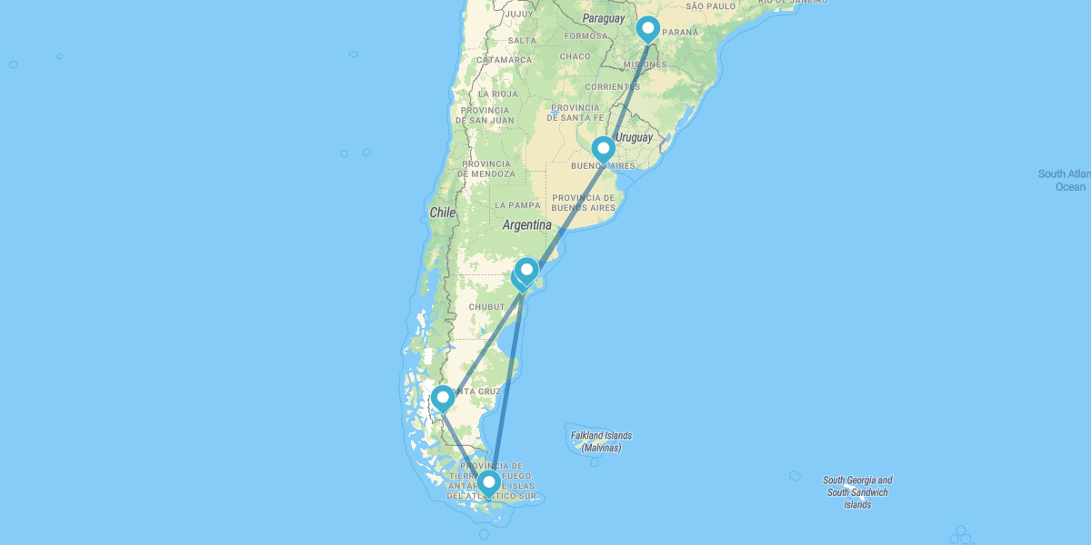 Iguazú, Buenos Aires, Puerto Madryn, Ushuaia y El Calafate