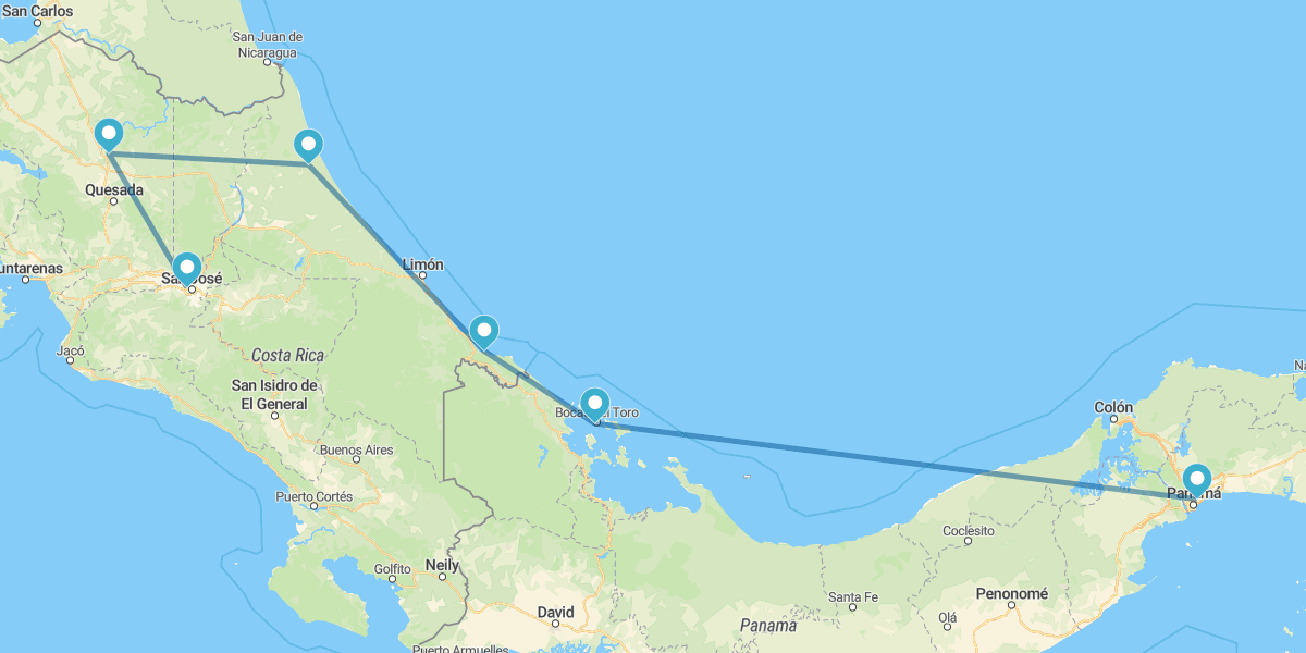 San José, Arenal, Tortuguero, Caribe Sur, Bocas del Toro y Ciudad de Panamá