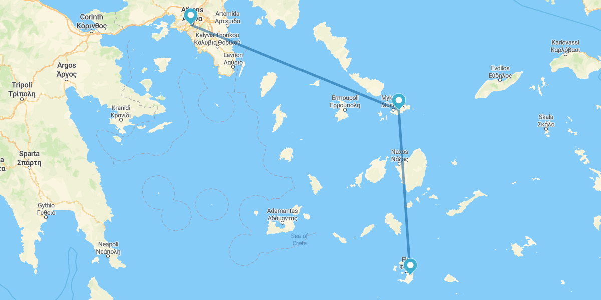 Atenas, Mykonos y Santorini en avión y con coche de alquiler