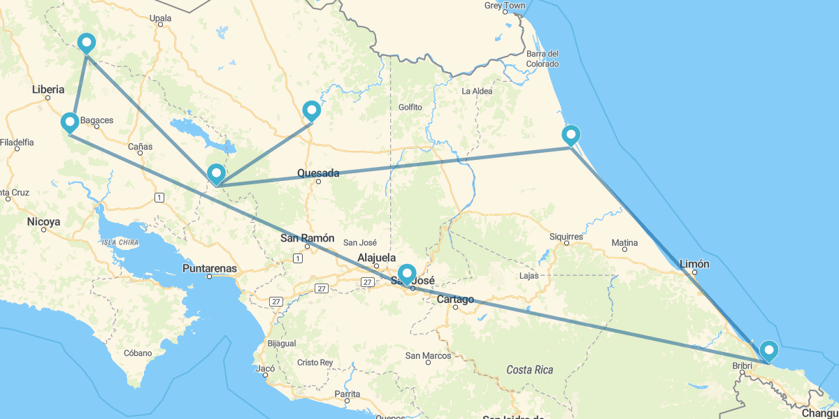 San José, Puerto Viejo, Tortuguero, Volcán Arenal, Monteverde, Rincón de la vieja y Guanacaste