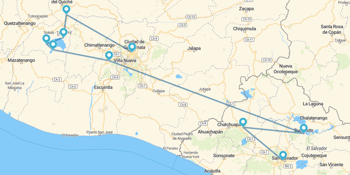 Ciudad de Guatemala, Chichicastenango, Lago Atitlán, La Antigua, Suchitoto y San Salvador