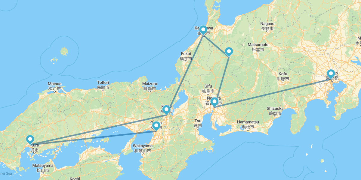 Tokio, Nagoya, Takayama, Kanazawa, Kioto, Hiroshima y Osaka