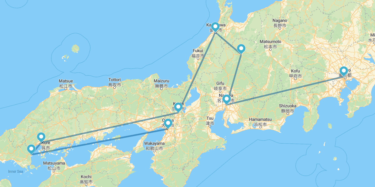 Tokio, Nagoya, Takayama, Kanazawa, Kioto, Hiroshima, Miyajima y Osaka