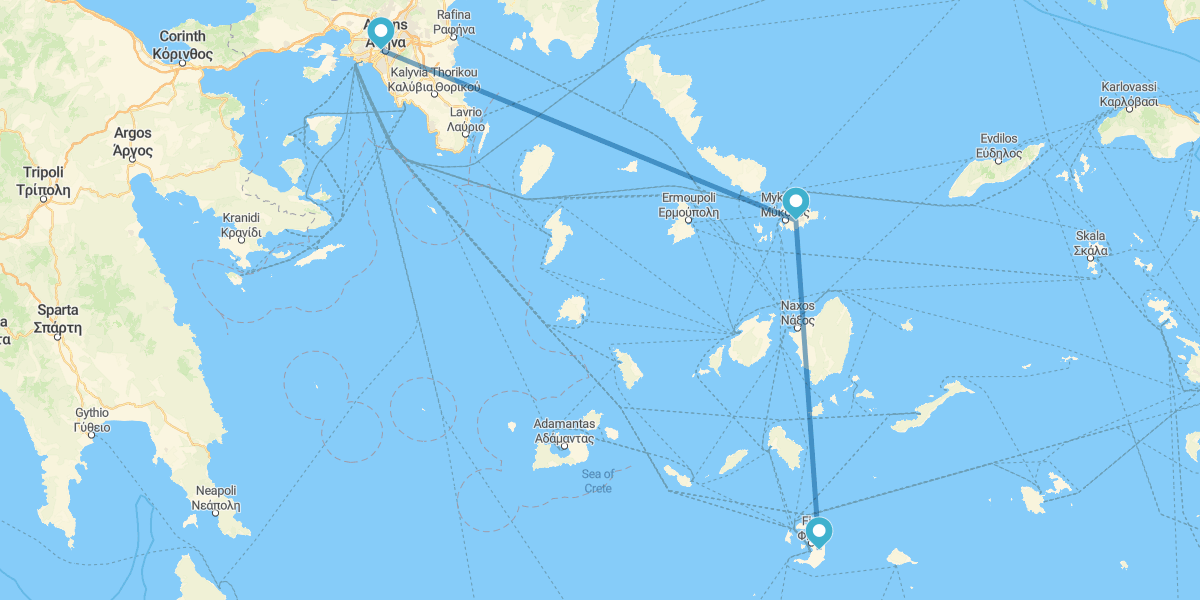 Atenas, Mykonos y Santorini en avión, con traslados y coche de alquiler