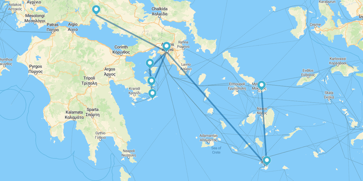 Atenas, Delfos, Crucero por las Islas Sarónicas, Santorini y Mykonos