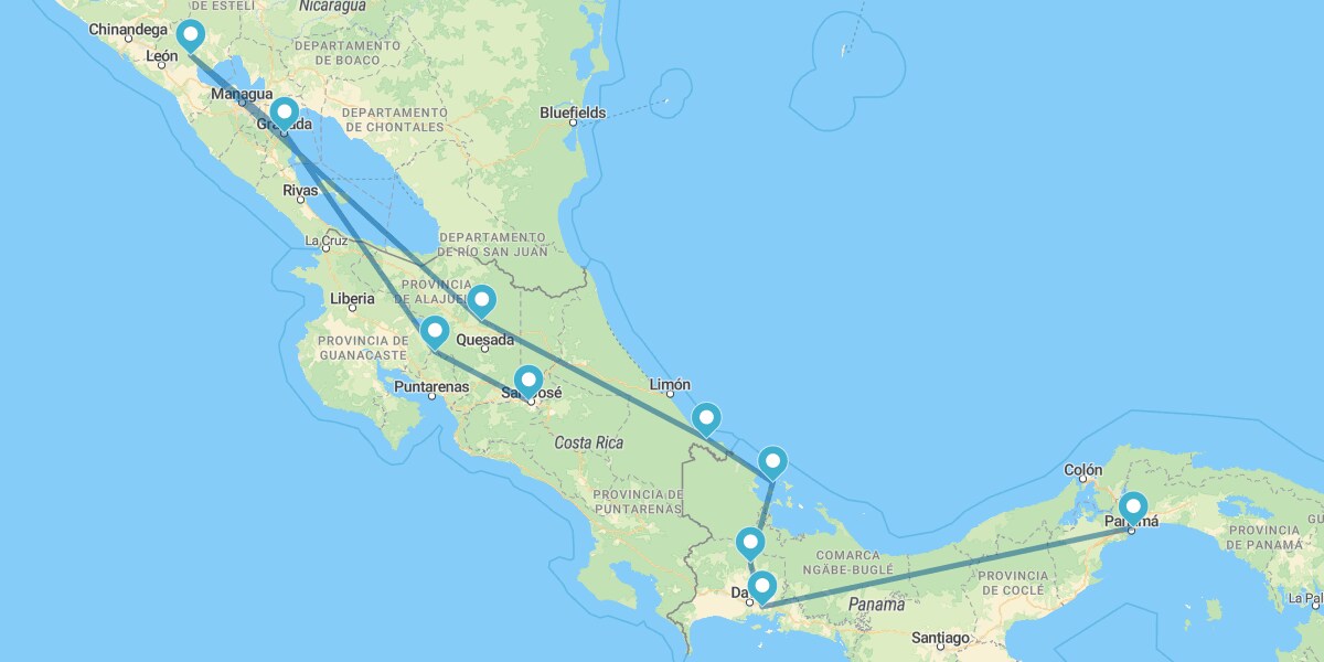 Ciudad de Panamá, Chiriquí, Bocas del Toro, Puerto Viejo, Arenal, Monteverde, León y Granada