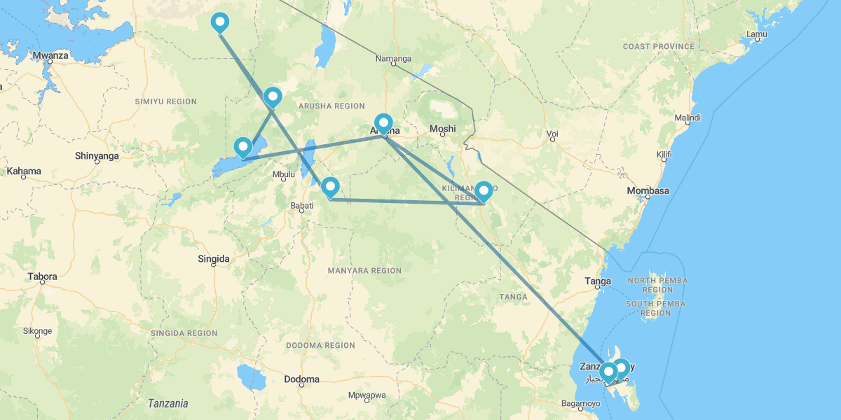 Arusha, Kilimanjaro, Tarangire, Serengeti, Ngorongoro y Lago Eyasi con Zanzíbar