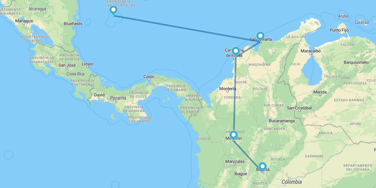 Bogotá, Medellín, Cartagena de Indias, Santa Marta y San Andrés