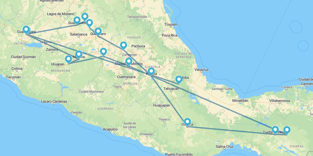 Ciudad de México, Pátzcuaro, Guadalajara, Guanajuato, Querétaro, Puebla, Oaxaca, Tuxtla Gutierrez y San Cristobal de las Casas