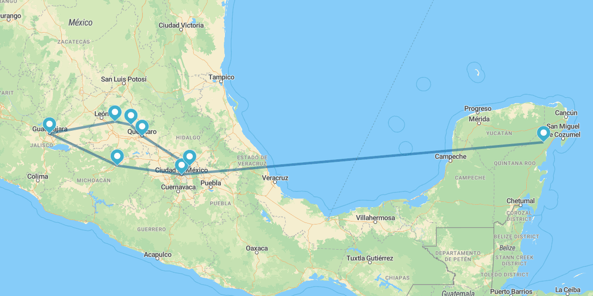 Ciudad de México, Querétaro, Guanajuato, Guadalajara, Morelia y Riviera Maya