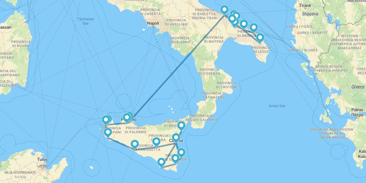 Ruta por los grandes iconos de Apulia y Sicilia, de Palermo a Catania