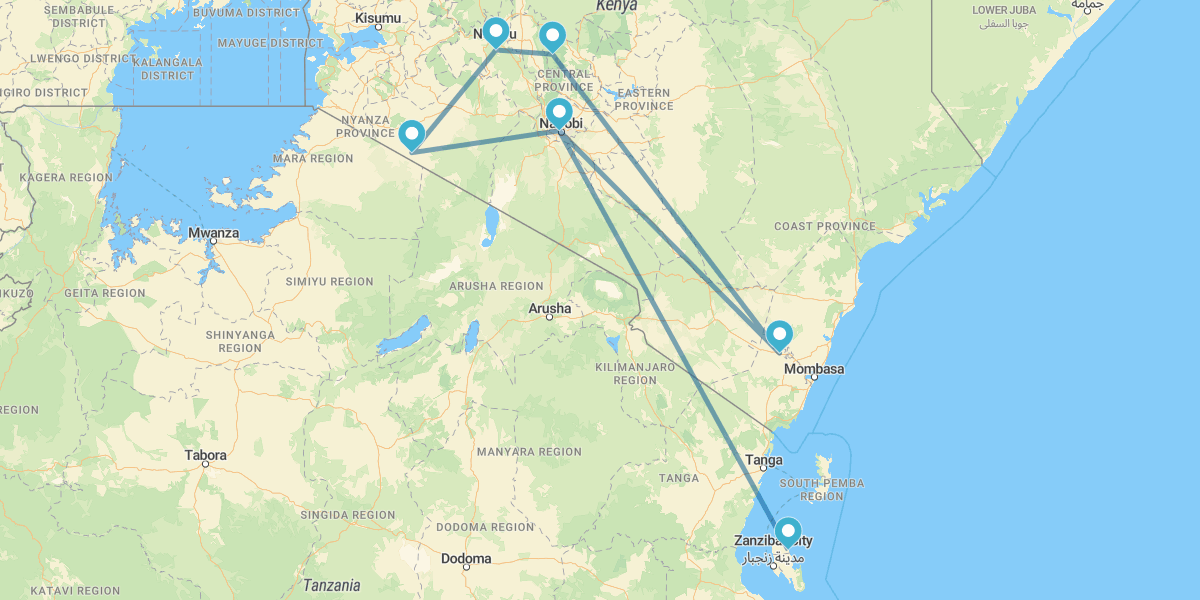 Nairobi, Samburu, Aberdare, Lago Nakuru y Masai Mara con Zanzíbar