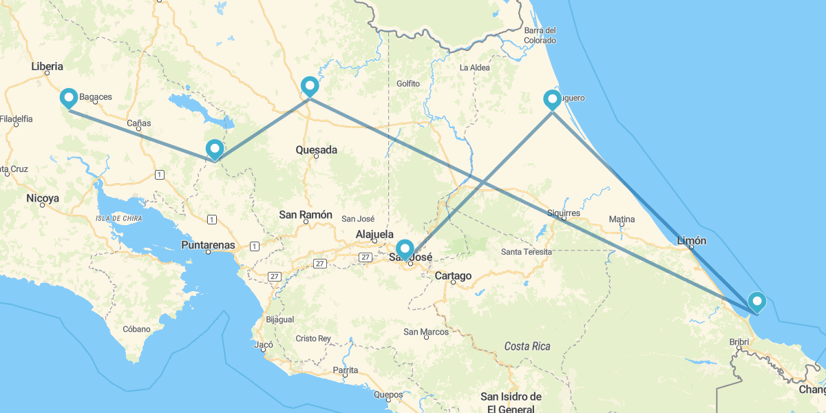 Tortuguero, Caribe, Arenal, Monteverde y Guanacaste