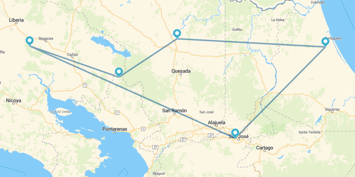 Tortuguero, Arenal, Monteverde, Guanacaste y noche en San José