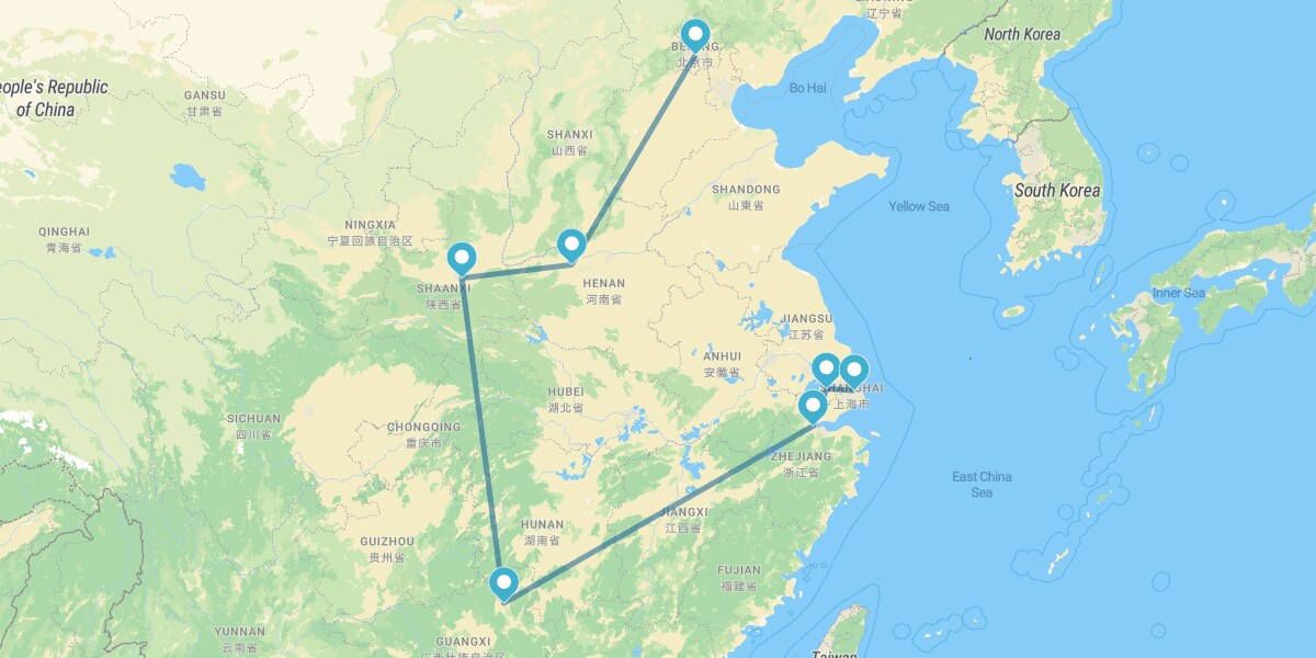 Pekín, Luoyang, Xian, Guilin, Hangzhou, Suzhou y Shanghái