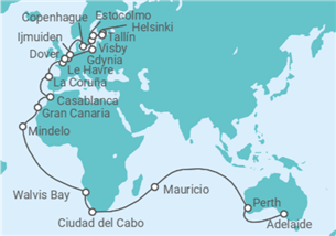 Itinerario del Crucero Segmento de vuelta al mundo: de Adelaida a Dover - Princess Cruises