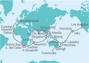 Itinerario del Crucero Segmento vuelta al mundo: de Los Ángeles a Southampton - Cunard