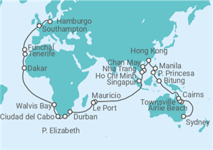 Itinerario del Crucero Segmento vuelta al mundo: de Sydney a Hamburgo - Cunard