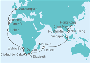 Itinerario del Crucero Segmento vuelta al mundo: de Hong Kong  a Southampton - Cunard