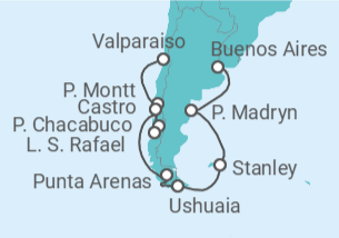 Itinerario del Crucero Fiordos y glaciares del sur - Oceania Cruises