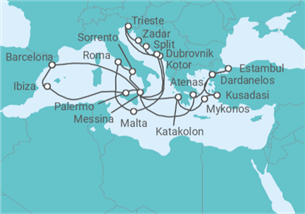 Itinerario del Crucero Italia, Grecia, Turquía, Malta, Montenegro, Croacia, España - Cunard