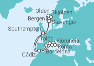 Itinerario del Crucero Aventurero por los Fiordos Noruegos y el Mediterráneo - Princess Cruises