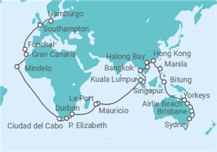 Itinerario del Crucero Segmento vuelta al mundo: de Sydney a Hamburgo - Cunard
