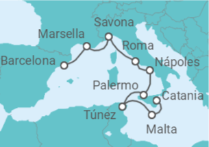 Itinerario del Crucero Francia, Italia, Túnez, Malta TI - Costa Cruceros
