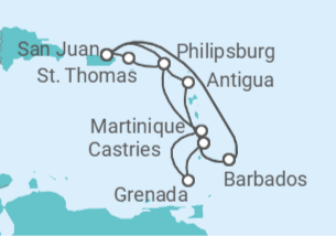 Itinerario del Crucero Aventurero del Caribe Sur - Princess Cruises