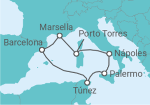 Itinerario del Crucero Mediterráneo y sus islas 2027 TI - Corazul Cruceros