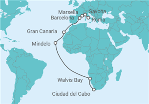 Itinerario del Crucero Tramo de Vuelta al mundo: De Ciudad del Cabo a Civitavecchia - Costa Cruceros