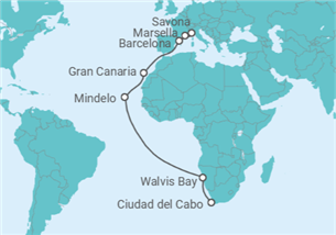 Itinerario del Crucero Tramo de Vuelta al mundo: De Ciudad del Cabo a Savona - Costa Cruceros